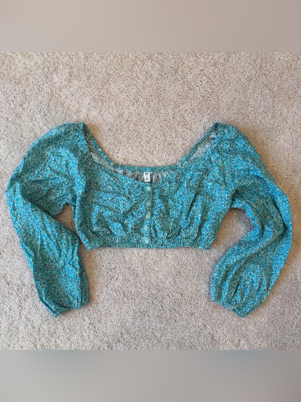 Women’s Nordstrom BP Teal Floral Button-Front Crop Top Blouse